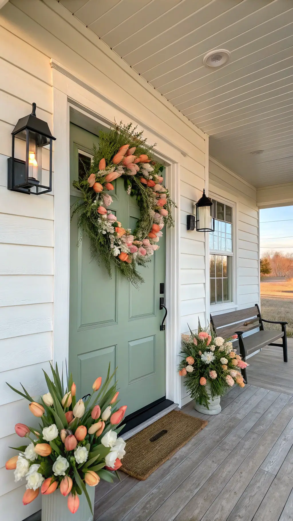 A modern farmhouse porch during golden hour featuring a sage green door with a 24-inch tulip wreath in coral, blush, and butter yellow. White shiplap walls, black sconces, and raw wood bench seen, with warm lighting highlighting textures.