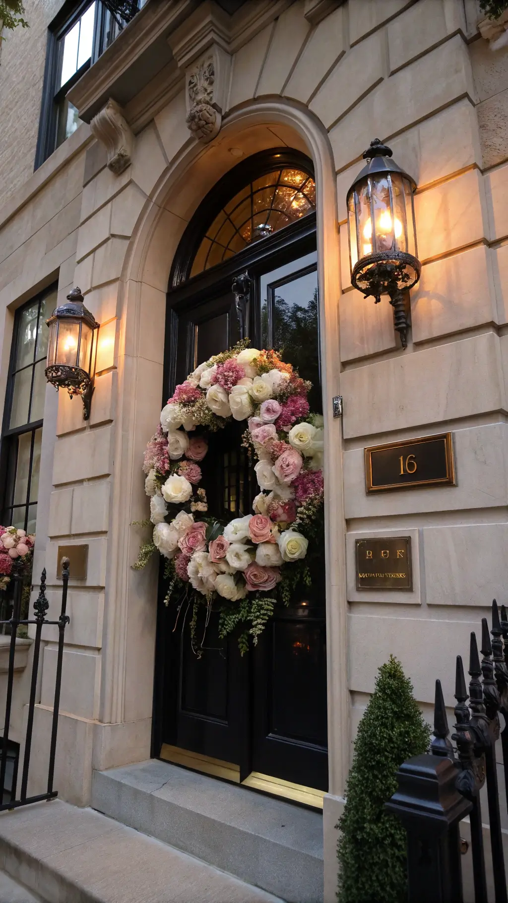 Elegant brownstone entrance at dusk with a sophisticated 26-inch peony wreath on a black lacquered door, featuring blush, cream, and deep rose peonies amidst limestone facade and copper lanterns.