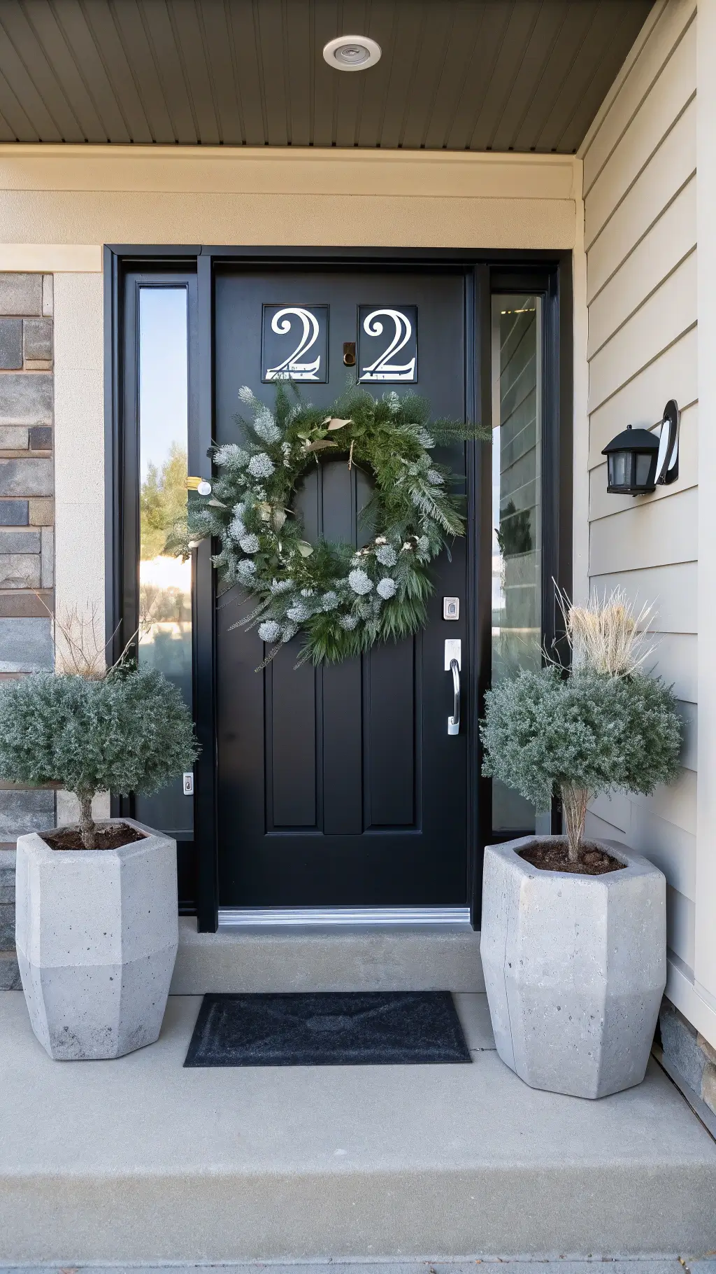 Minimalist entryway with natural light featuring a matte black door adorned with a 22-inch eucalyptus wreath. Concrete planters and modern house numbers add to the sleek design.