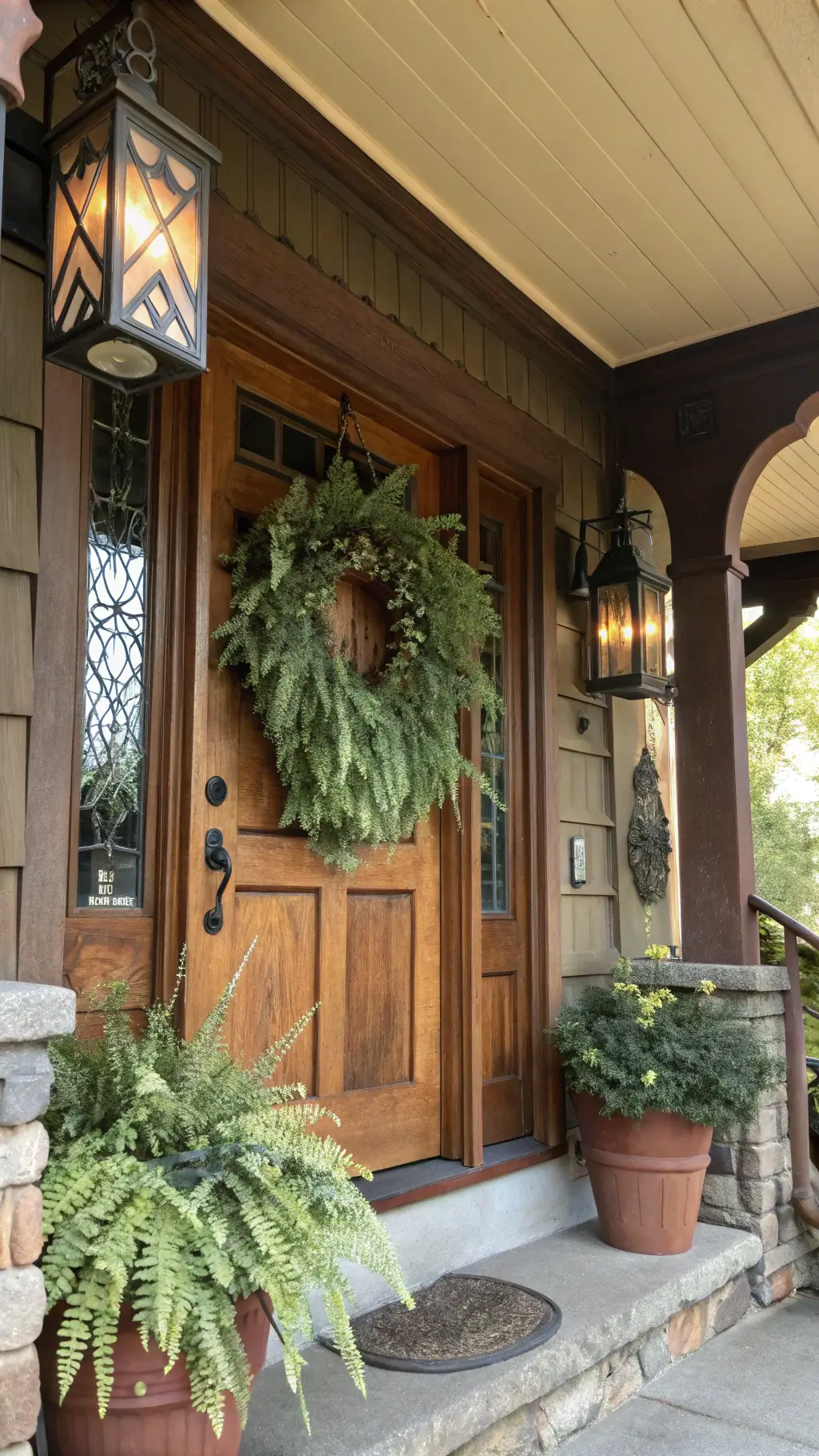 Craftsman-style porch with wood door, 24-inch maidenhair fern wreath, Arts & Crafts lanterns, terra cotta pots, carved wood details; shot from below to highlight ceiling.