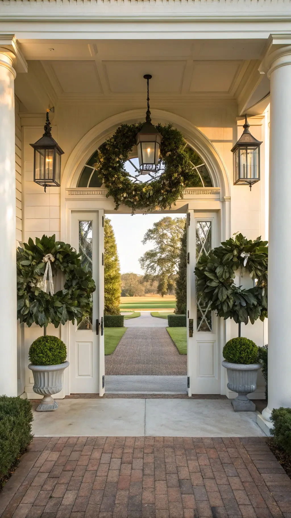 A wide-angle view of a Southern estate entrance in mid-morning light, featuring symmetrical double doors with matching 26-inch magnolia wreaths showcasing glossy green leaves with silver undersides. The scene is framed by white columns, gas lanterns, and formal topiaries.