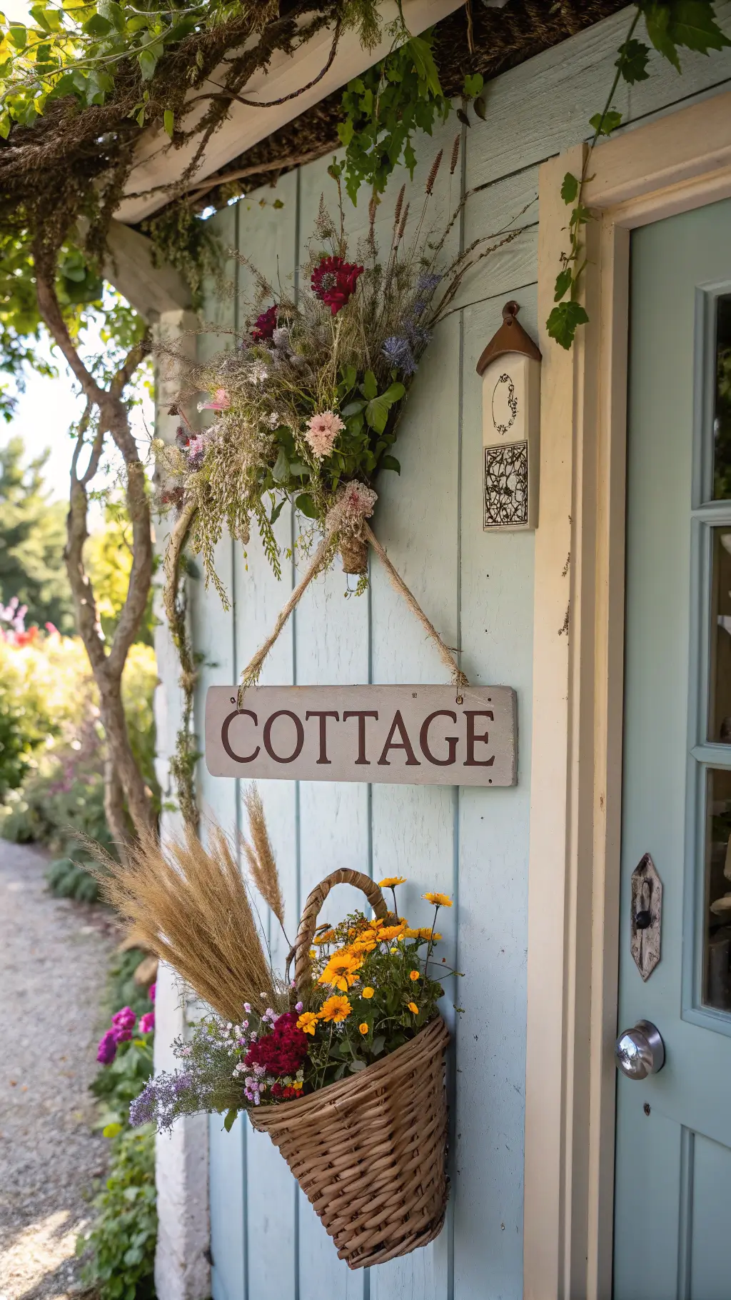 Alt text: Entrance of a Bohemian cottage at mid-day with a vintage market basket filled with wildflowers and dried grasses hanging at an artistic angle on a pale blue door. Natural wood trim, climbing vines, and mosaic house numbers are visible, with a slight side angle showing basket depth and texture.