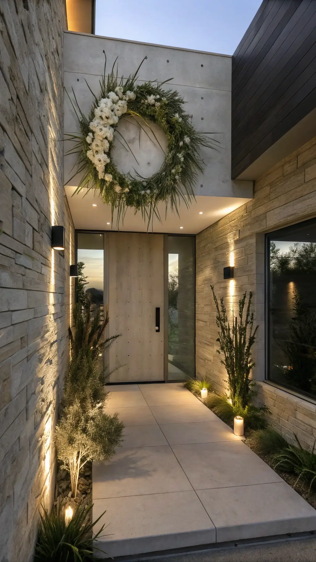 A sleek entryway at twilight showcases a 24-inch asymmetrical wreath with olive branches, white orchids, and air plants on a floating concrete door, enhanced by LED uplighting and minimalist hardware against smooth stone walls.