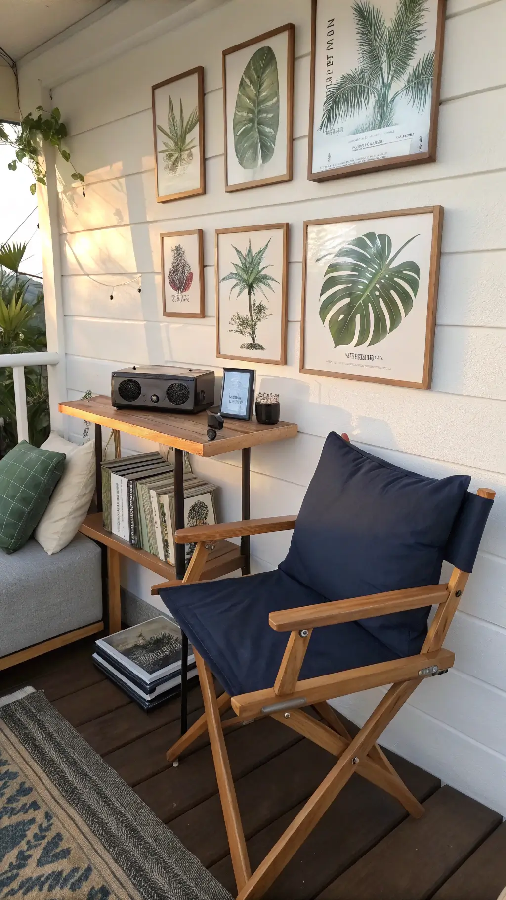 A cozy lifestyle corner featuring a weatherproof director's chair with navy cushions, a Bluetooth speaker on a floating shelf, a vintage tool collection artfully displayed on the wall, and waterproof-framed botanical prints arranged gallery-style, all warmly lit during golden hour with natural side lighting.