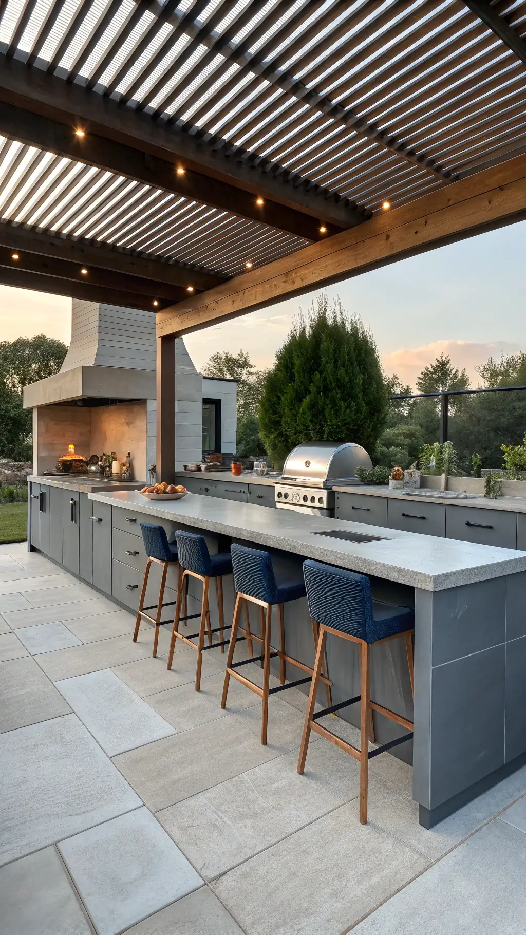 Contemporary outdoor kitchen in warm golden hour lighting with matte gray cabinets, waterfall quartz countertops, stainless steel grill, and copper-accented pizza oven, highlighted by teak accents and navy blue stools.