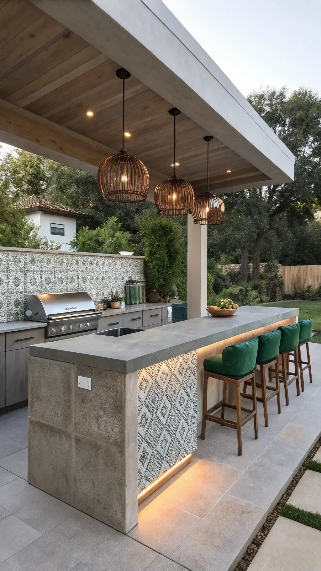 Minimalist outdoor cooking space with morning light on a concrete island with waterfall edge, featuring a built-in fridge and burner. Geometric porcelain tile backsplash, copper pendant lights above a 6-person bar, and forest green cushions accent brushed steel appliances.