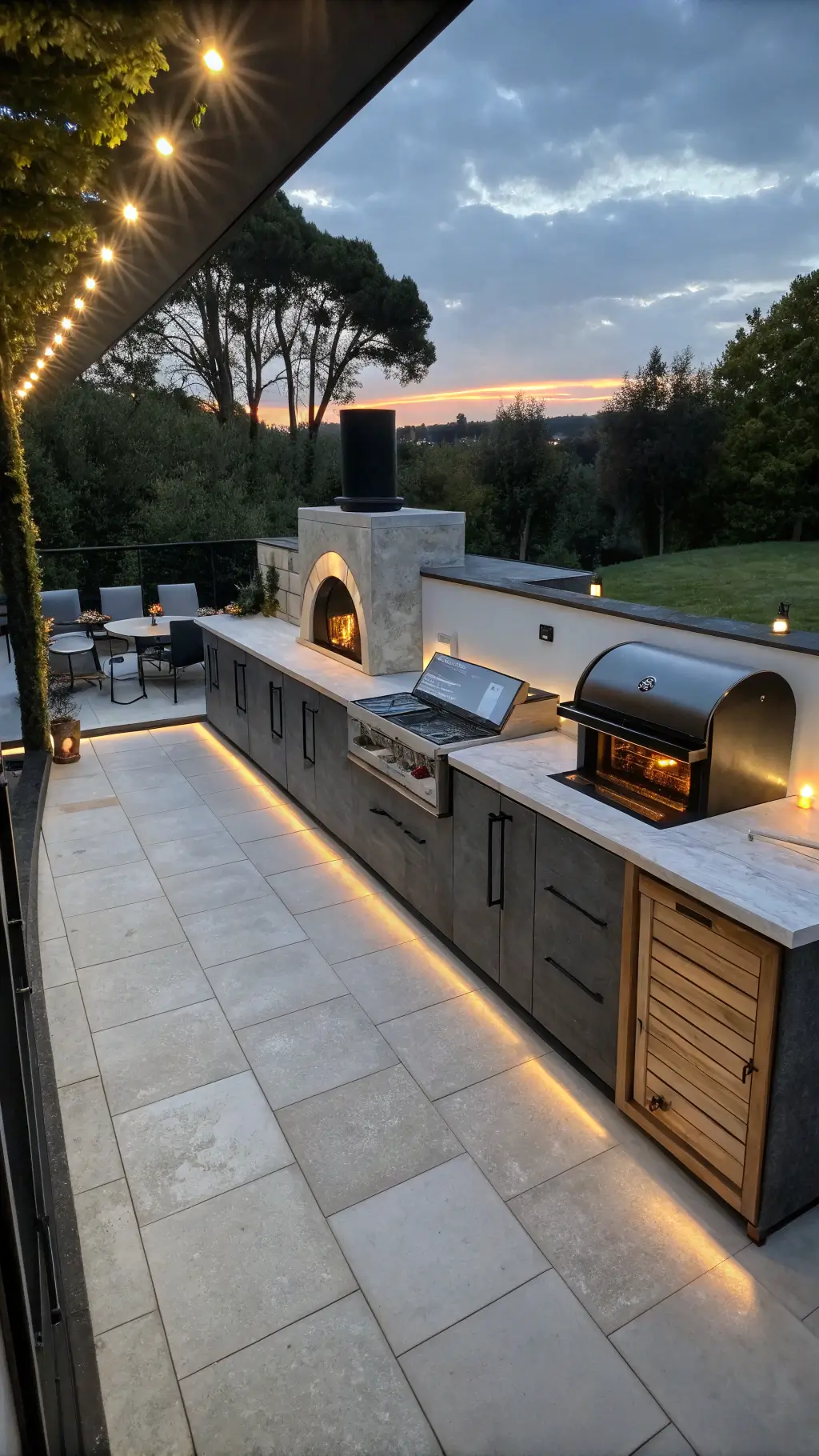 An elevated view of a twilight outdoor entertainment area featuring a 25ft linear kitchen with matte black cabinets and light gray concrete countertops. LED lighting highlights a professional grill station and wood-fired pizza oven, while weathered teak drawer storage adds warmth. Mixed lighting enhances the ambient glow.