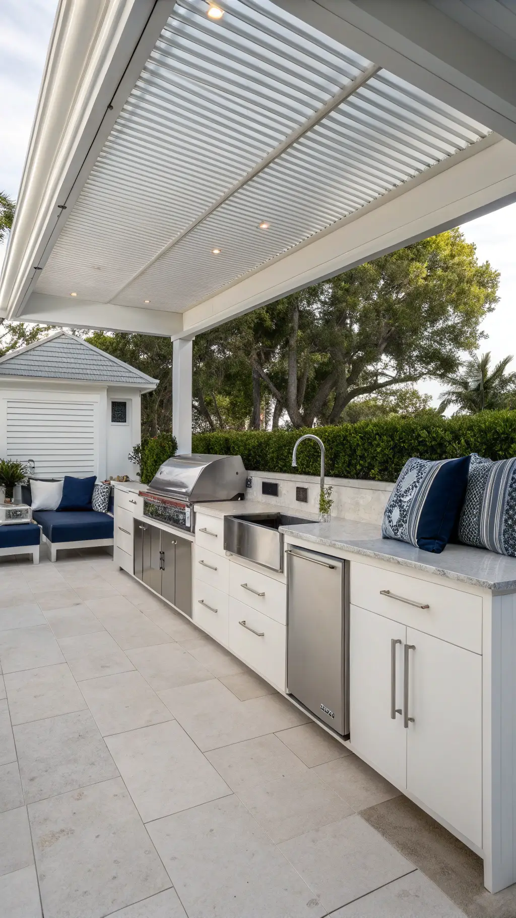 A modern outdoor kitchen with white porcelain countertops and stainless steel appliances, featuring pull-out storage and built-in refrigeration. A partial roof casts dappled shade, while navy cushions and decorative panels add contrast against clean lines and materials. Modern Outdoor Kitchen with Sleek Design