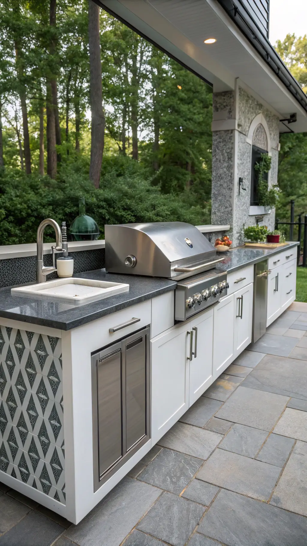 Outdoor kitchen with morning light highlighting the work triangle, featuring white quartz prep station, stainless steel cooking area, and wet bar within 5ft spacing. Charcoal gray ventilated cabinets, geometric tile patterns, and forest green accessories accent the neutral palette. Shallow depth of field emphasizes functional zones. Modern Outdoor Kitchen with Sleek Design