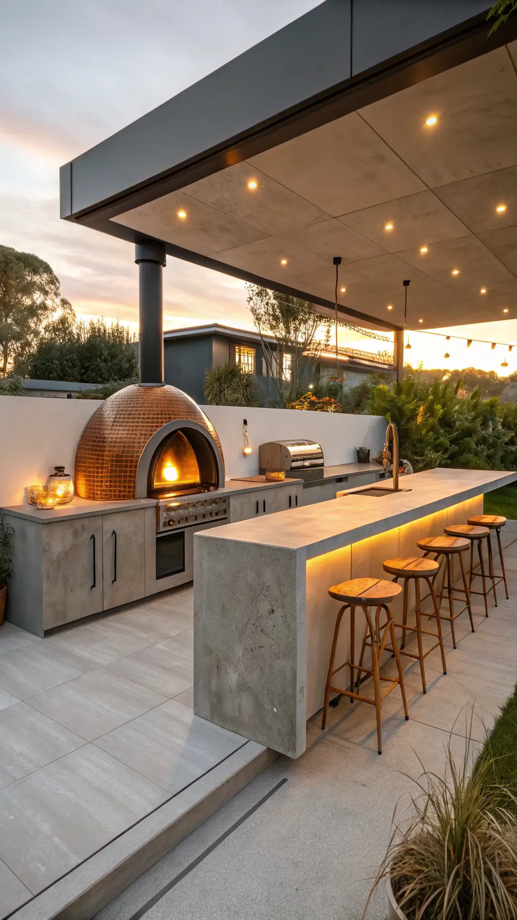 An L-shaped kitchen at sunset with handleless deep gray cabinets and light concrete counters, featuring a copper domed pizza oven, teak bar stools, and planters, all lit by integrated LEDs. Modern Outdoor Kitchen with Sleek Design