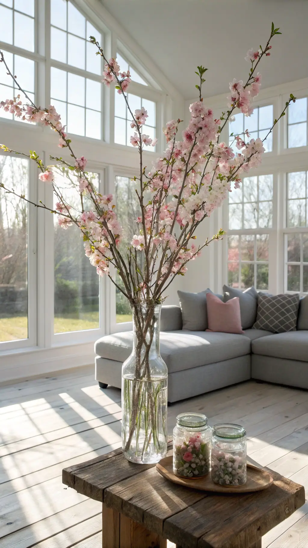 A sunlit modern living room with tall windows, showcasing cherry blossom branches in a glass vase, gray sectional, and wildflowers on a rustic coffee table, in a soft pink, white, and green palette.