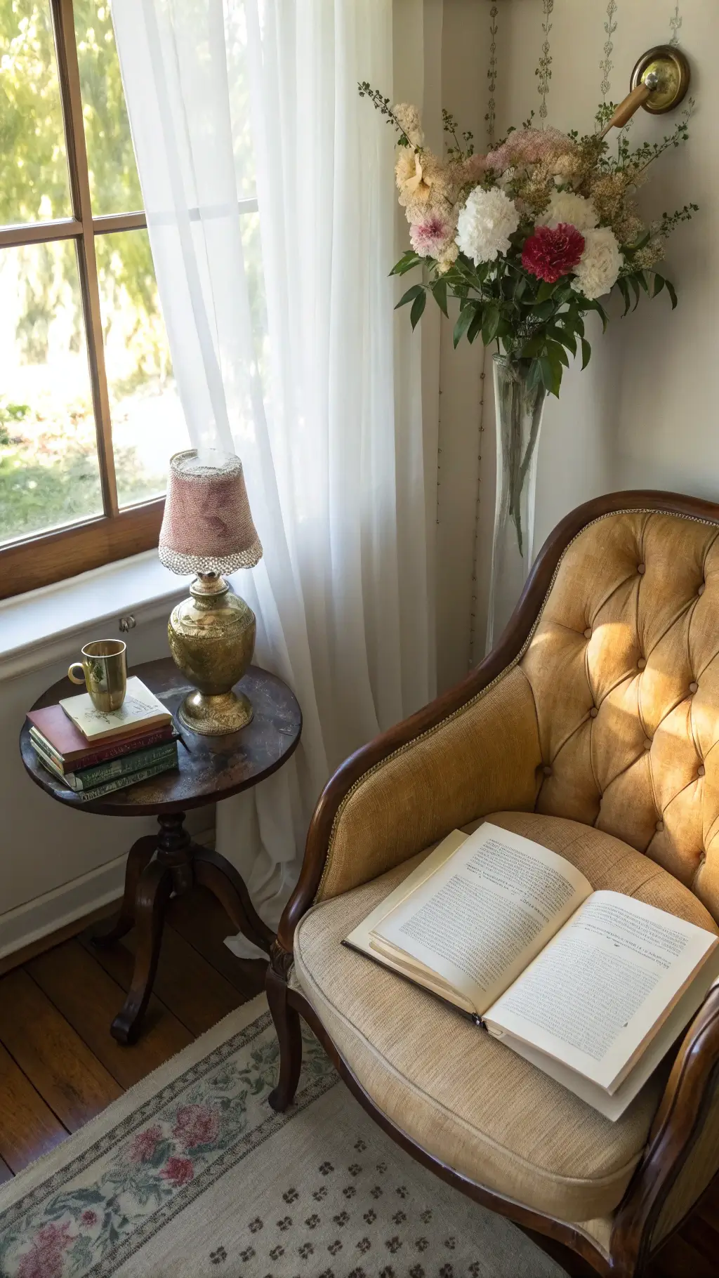 A cozy reading nook with a vintage armchair, antiquarian books, and a brass bird, softly lit by afternoon light through sheer curtains. Coffee filter flowers cascade from a brass wall vase, all captured in warm cream and pastel tones with a dreamy bokeh effect highlighting textures.