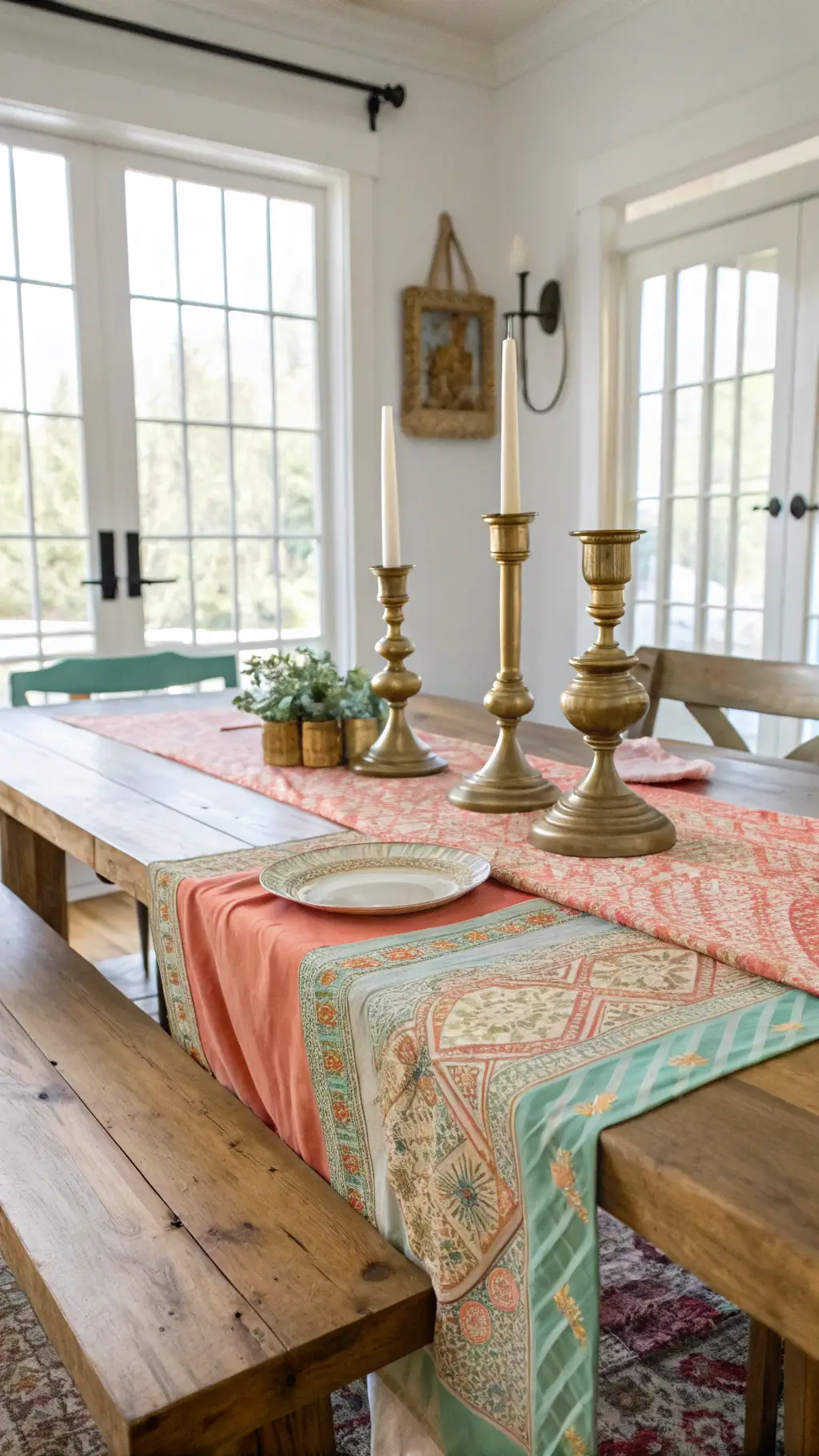 A mid-morning shot of a 12x15ft dining space with a farmhouse table covered in vintage silk scarves in coral, mint, and gold. Brass candlesticks of different heights line the table. Large windows offer natural side lighting, enhanced by soft fill light. Photographed at f/5.6 to balance depth of field, emphasizing diagonal lines and color blocking.