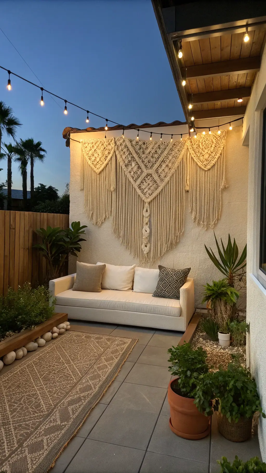 A modern 16x18ft living area at dusk featuring a DIY macrame wall hanging above a minimalist sofa, flanked by white-washed terracotta planters with trailing plants, all bathed in warm lighting accentuating textures. diy spring decor