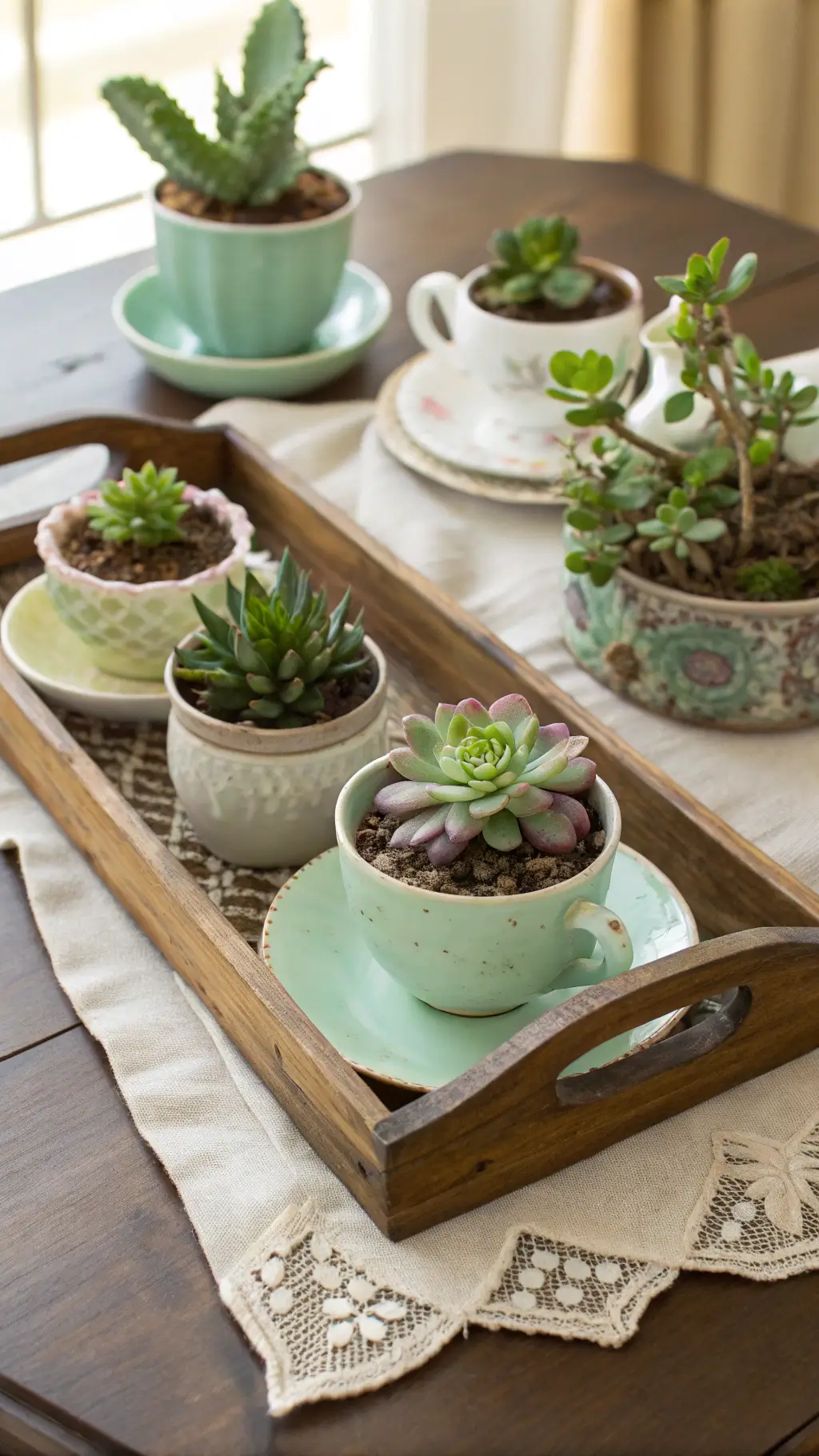 Alt text: Aerial view of a cozy 8x10ft breakfast nook in morning light, showcasing chalk-painted vintage teacups with miniature succulents on a distressed wooden tray, atop a soft linen runner. The scene features a blurred background, emphasizing the sage green, cream, and subtle pink color palette. diy spring decor