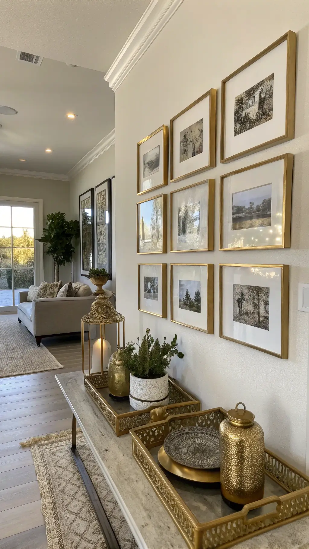 Open-concept room with vintage frames turned into trays on walls, styled with plants and brass objects, highlighted by natural lighting.