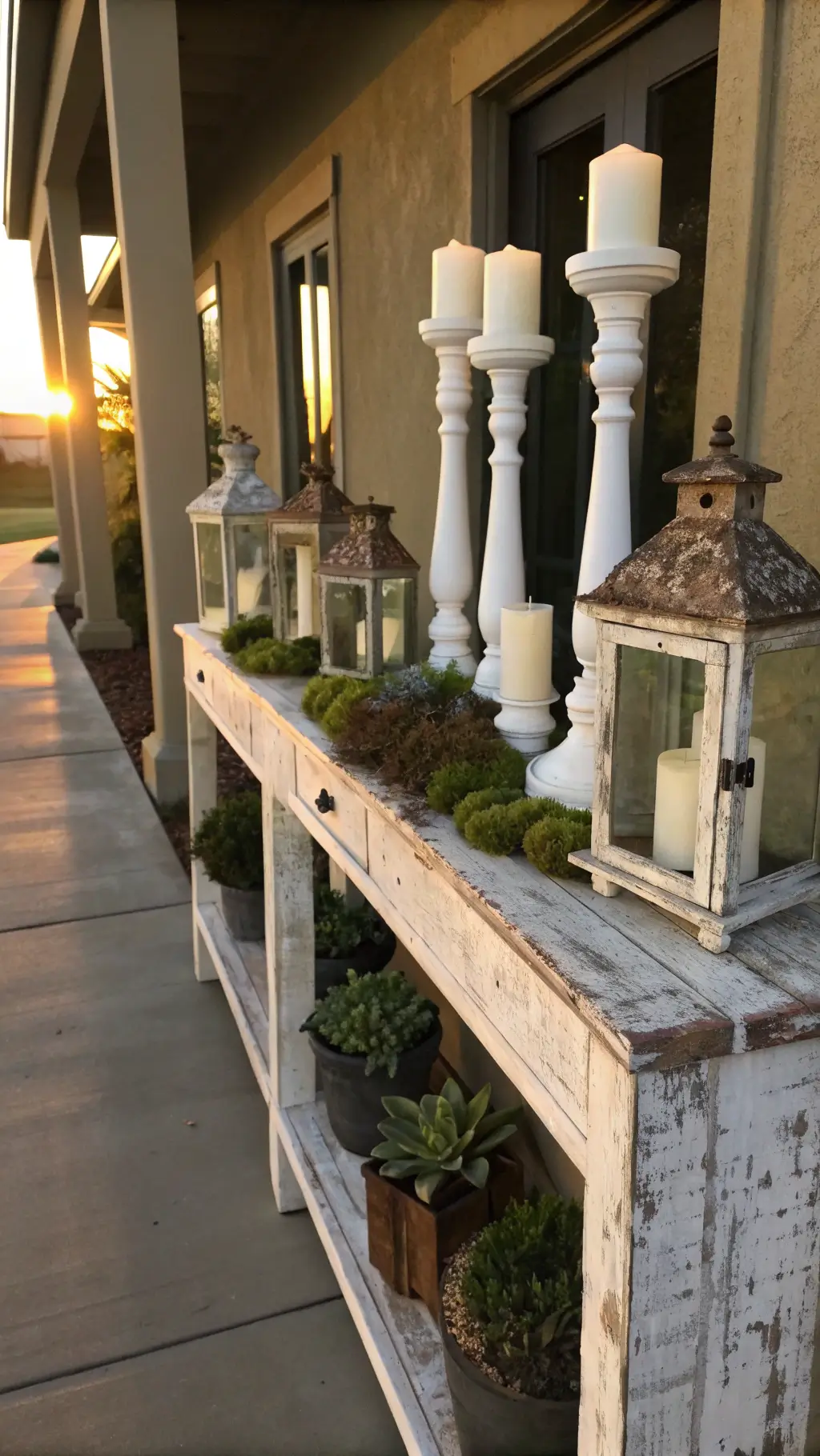 A 12x14ft entryway at sunset features a weathered console table adorned with white candlesticks of different heights and vintage lanterns filled with moss and succulents, against dramatic side lighting creating long shadows and atmospheric depth. diy spring decor
