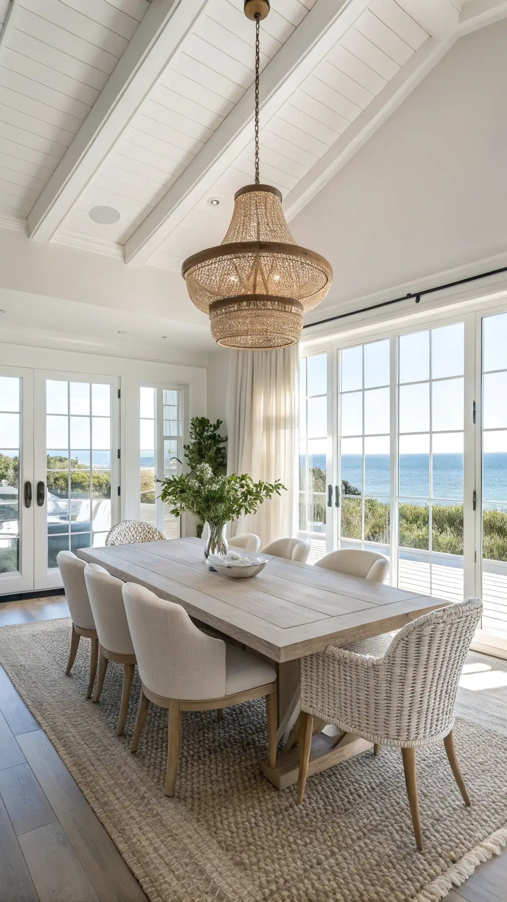 A bright coastal dining room at golden hour with white walls, high ceilings, and crown molding. A large whitewashed oak dining table is surrounded by modern chairs with cream linen seats and rattan backs. Sheer drapes filter window light onto a jute and sisal rug. A woven pendant light hangs above, while minimalist decor with glass vessels and ocean-themed accents complete the aesthetic.