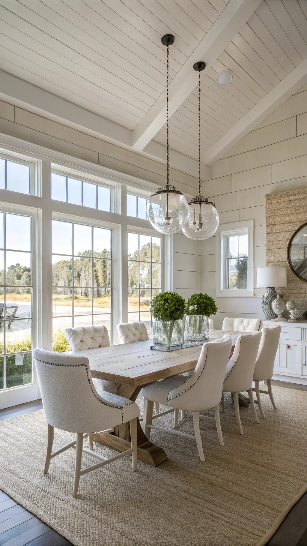 Airy coastal dining space with shiplap wall, teak table, white chairs, and glass pendant lights.