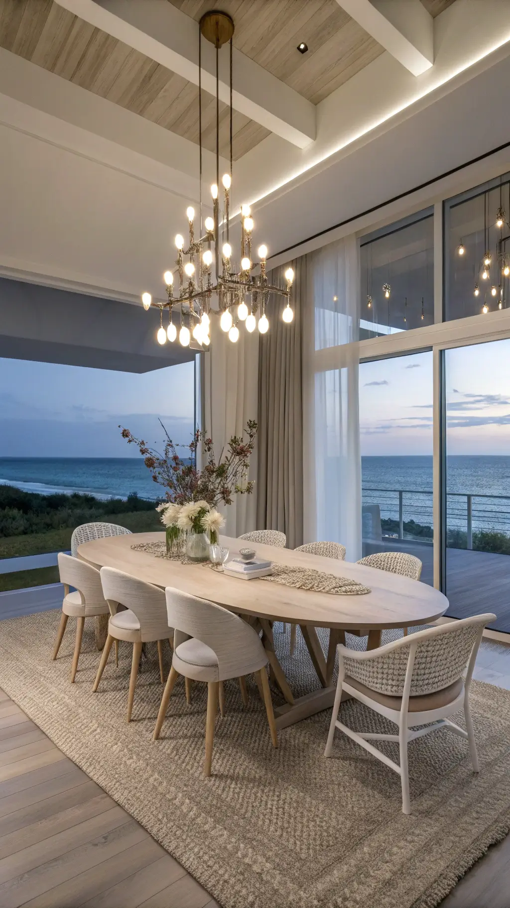 A coastal dining room at twilight with an oval lime-washed oak table, whitewashed wishbone chairs, and a sputnik chandelier, set against ocean views and layered textures including a geometric wool rug and abstract seascape artwork.