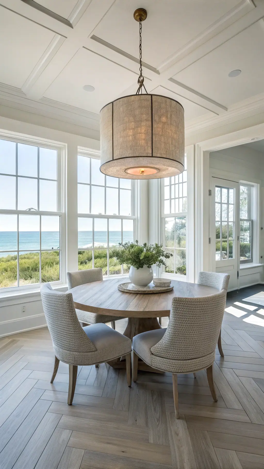 A modern coastal dining space with 11ft ceilings, featuring a 60-inch cerused oak round table and upholstered chairs, styled with white ceramics and a driftwood centerpiece under a natural fiber drum pendant. Herringbone white oak flooring leads to floor-to-ceiling windows, capturing morning light rays in warm whites, pale grays, and blue-greens.