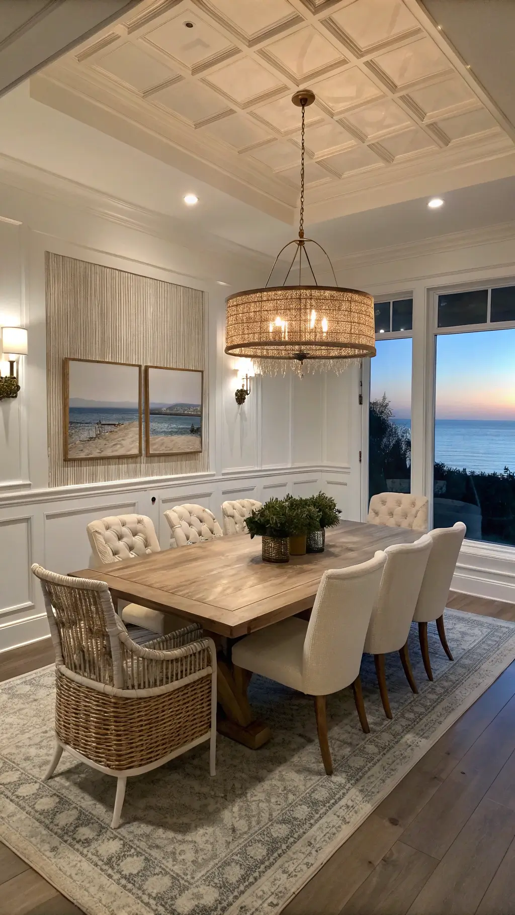 Coastal dining room at dusk with warm white walls, picture frame molding, sandy beige textured accent wall, 8ft bleached mahogany table, cream bouclé end chairs, whitewashed rattan side chairs, linear brass chandelier, geometric brass candleholders, white coral specimens, and a faded blue vintage overdyed rug.