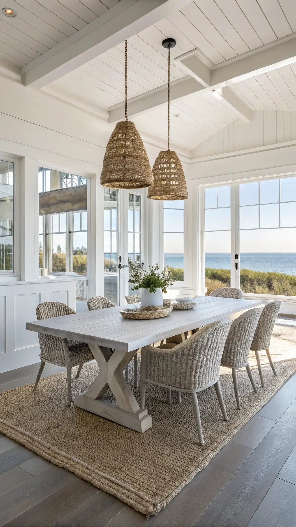 A coastal dining room with crisp white board and batten walls features a large concrete-top dining table and eight linen chairs. Three woven pendants hang above, while floor-length linen panels frame ocean views, complemented by minimalist decor and a sisal rug.