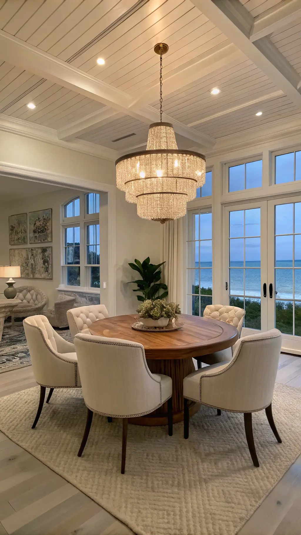 Modern coastal dining room with 10ft coffered ceilings, featuring a cerused oak dining table and velvet wingback chairs under a capiz shell chandelier. Sheer white-panelled floor-to-ceiling windows and ambient evening lighting highlight the space. Styled with mercury glass hurricanes and coral sculptures on a vintage Turkish rug.