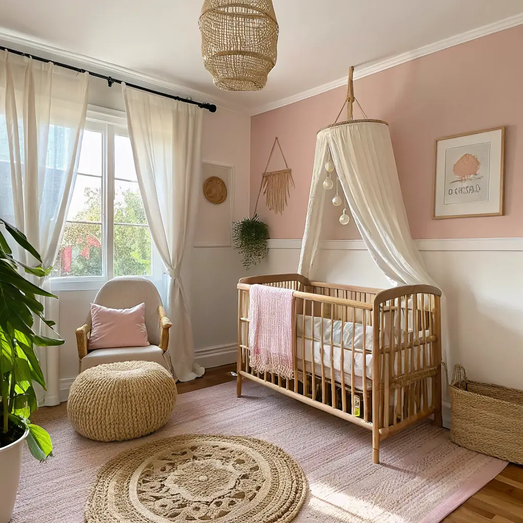 A cozy nursery with a vintage rattan crib, blush pink accent wall, and macramé wall hanging; features cream curtains, jute rug, and a natural wood changing table with woven baskets and pampas grass. A reading nook includes a textured oatmeal rocking chair with throw pillows. Fairy lights add sparkle, shot during golden hour with a sheer canopy overhead.