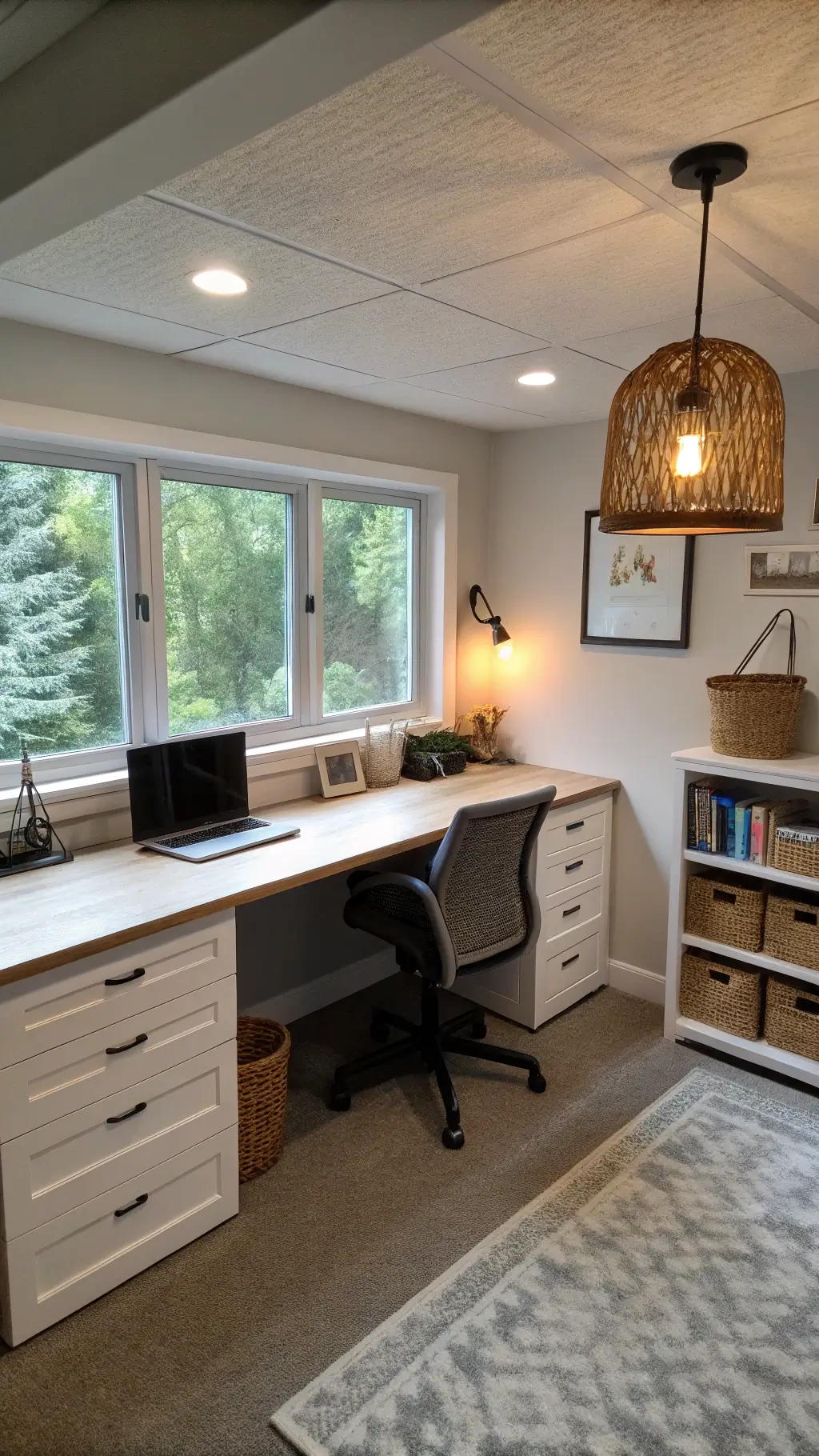 Basement workspace with large window, built-in desk, and mixed-material decor, illuminated by natural and artificial light.