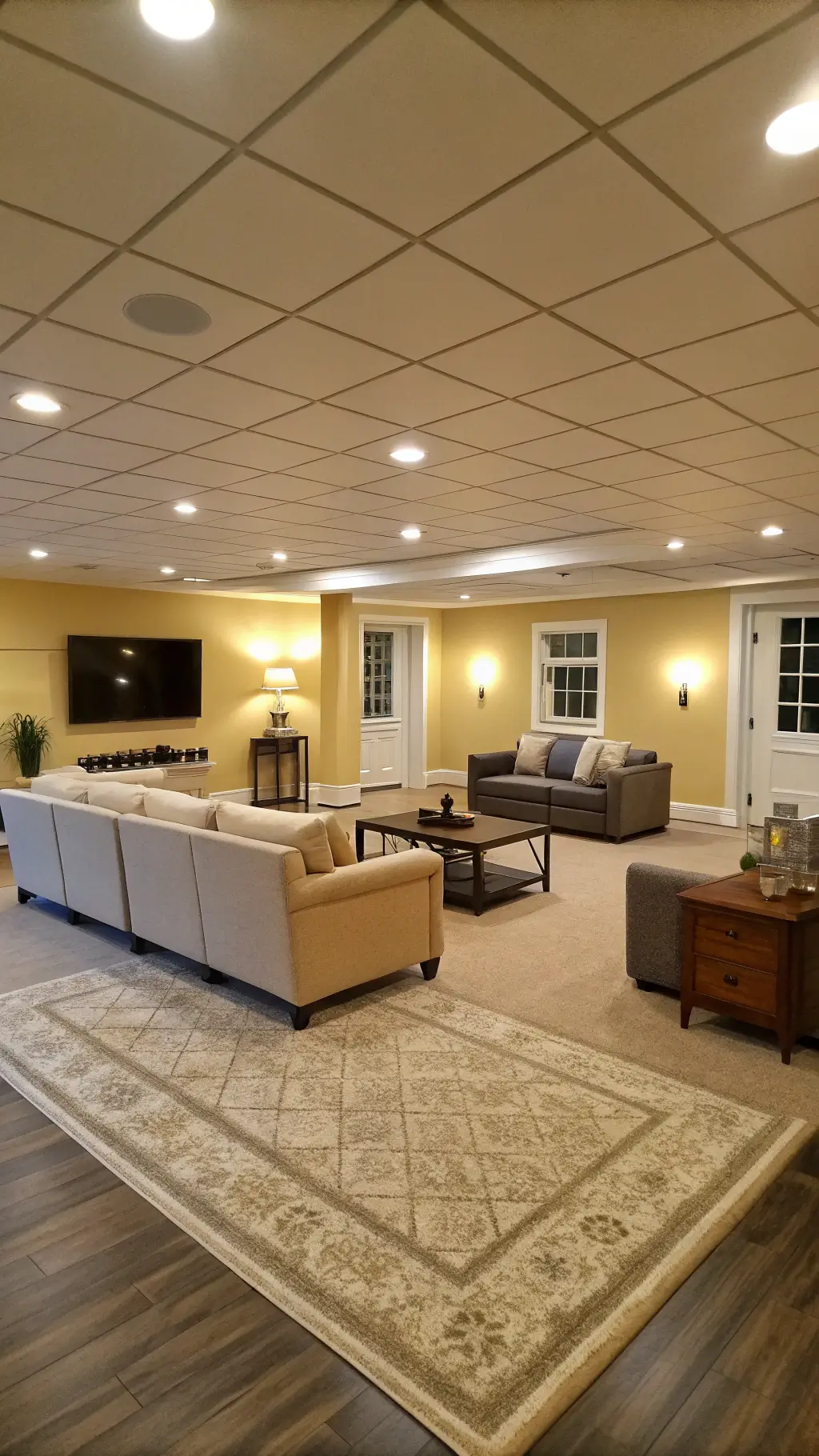 Wide-angle view of an open-concept basement with furniture and lighting zones, featuring a grid ceiling with LED panels, pale yellow walls, multiple seating areas with neutral rugs, and a mirrored gallery wall.