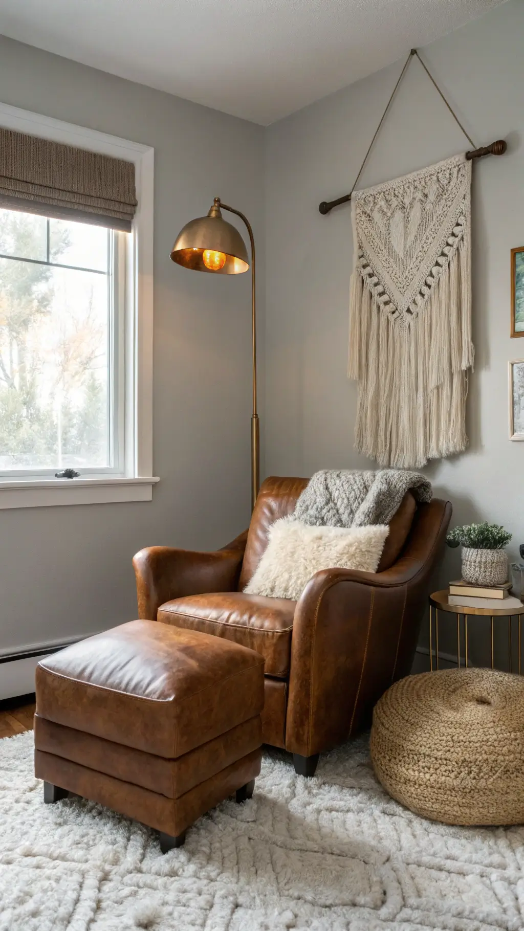 Cozy basement reading nook with leather armchair, brass floor lamp, sheepskin throw, and woven poufs, highlighted by afternoon light reflecting off a floor-to-ceiling mirror.