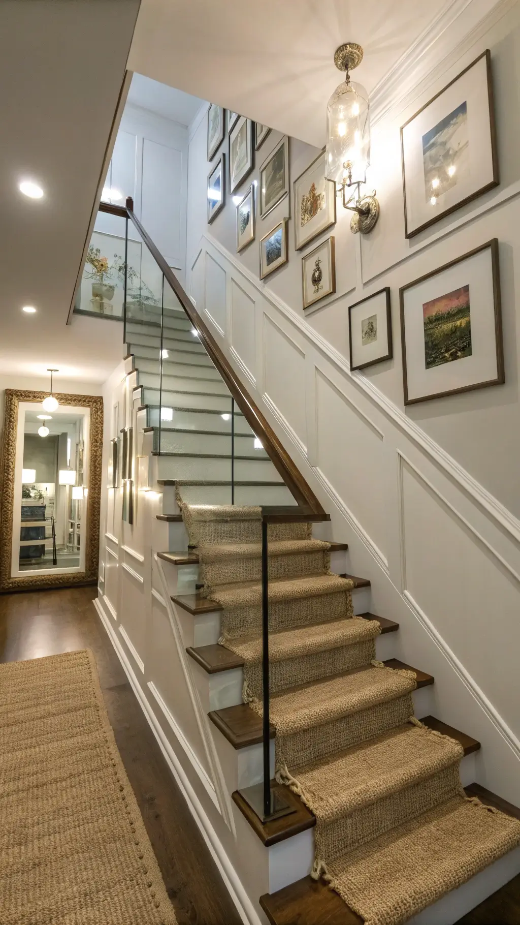 A basement stairwell with modern floating stairs and glass panels, white walls, strategic lighting, a gallery of mixed mirrors, and a natural jute runner, viewed from the bottom up.