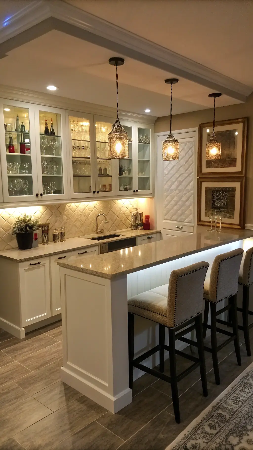 Cozy basement bar with warm lighting, showcasing custom white cabinetry with glass fronts, quartz countertops, and textured tile backsplash; mirror-backed shelves enhance light, complemented by contemporary stools in performance fabric.