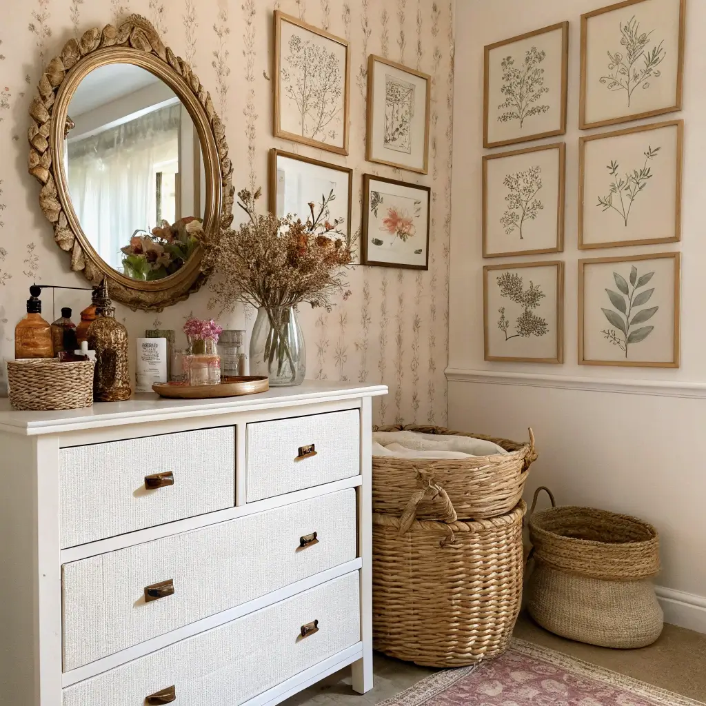 A cozy nursery scene at dawn with a rustic white dresser, brass mirror, vintage glass bottles, and earthy dried flowers. Botanical prints in brass frames adorn pink wallpaper. Woven baskets below, a rattan lamp casts shadows above. Mirror reflection captured.