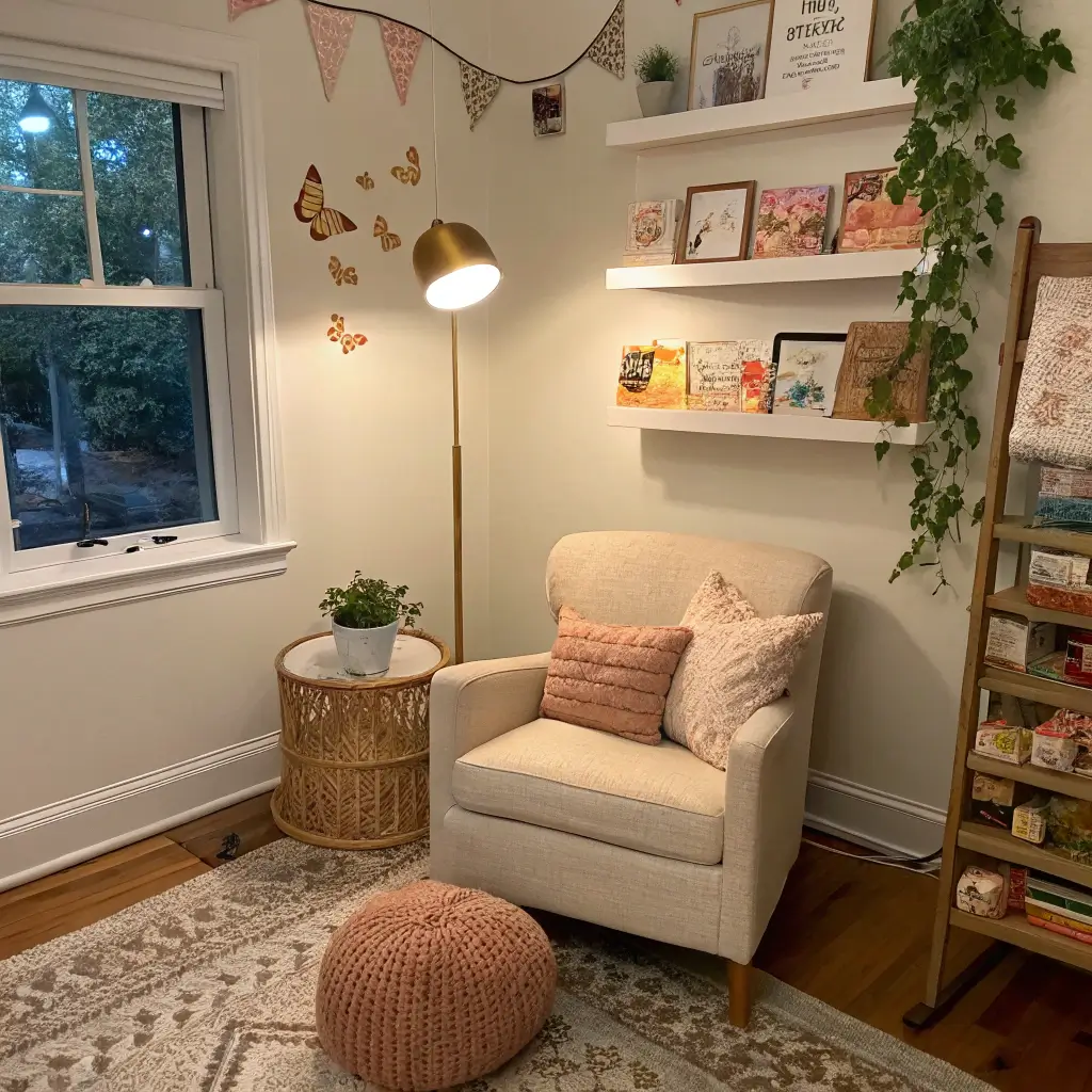 A cozy nursery corner at dusk featuring a cream boucle armchair with a brass floor lamp, surrounded by floating shelves with children's books and toys, a dusty rose pouf on a muted Persian rug, butterfly wall decals, and a macramé plant hanger with a trailing vine.