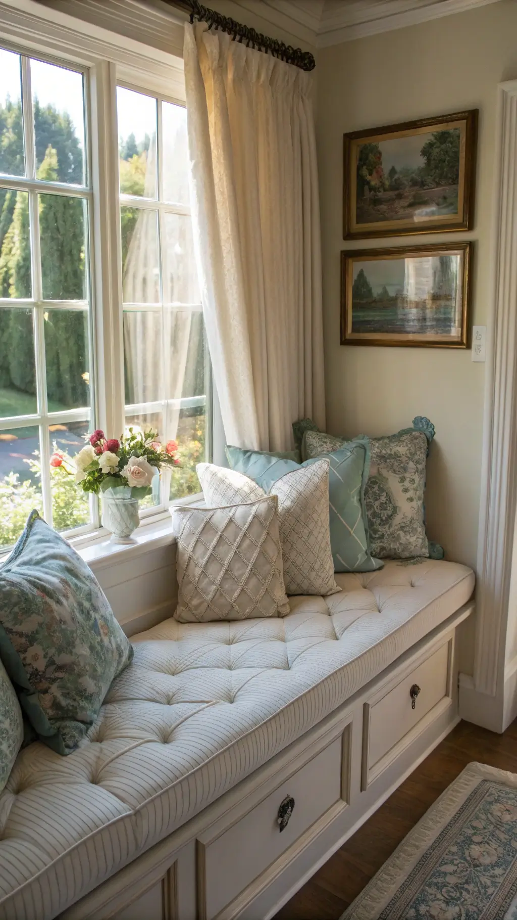 A cozy window seat nook with a built-in bench and tufted linen cushions, adorned with cream, sage, and dusty blue pillows, framed by sheer curtains softly diffusing afternoon light on planked walls with vintage garden prints above; fresh roses in mercury glass catch the sun's glow.