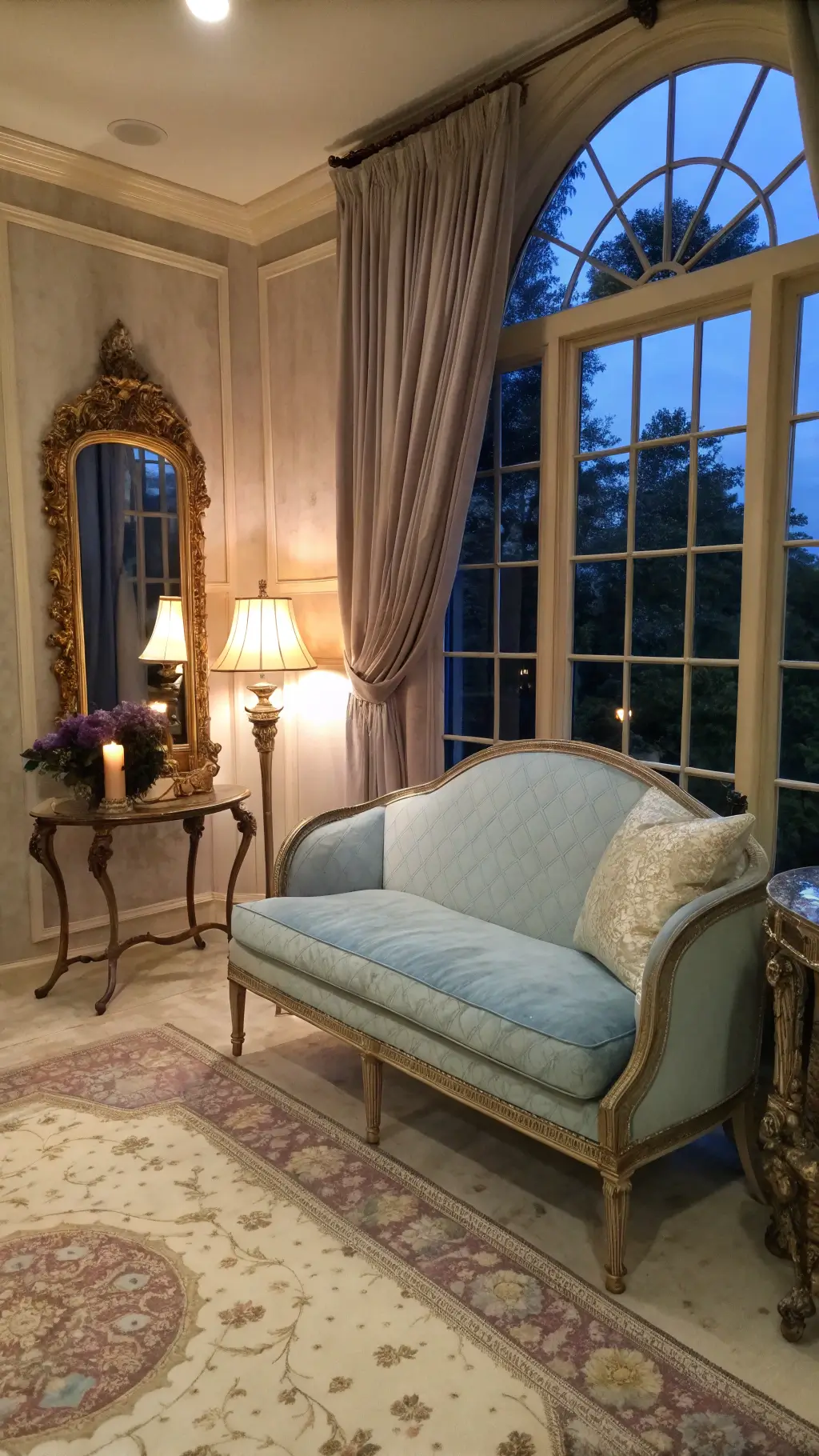 A cozy master suite sitting area at twilight with a pale blue velvet settee, distressed side table, brass floor lamp, and antique carved mirror reflecting candlelight. A cream and lavender Aubusson rug grounds the space, framed by heavy silk draperies over arched windows. Mixed warm and cool lighting creates an intimate atmosphere.