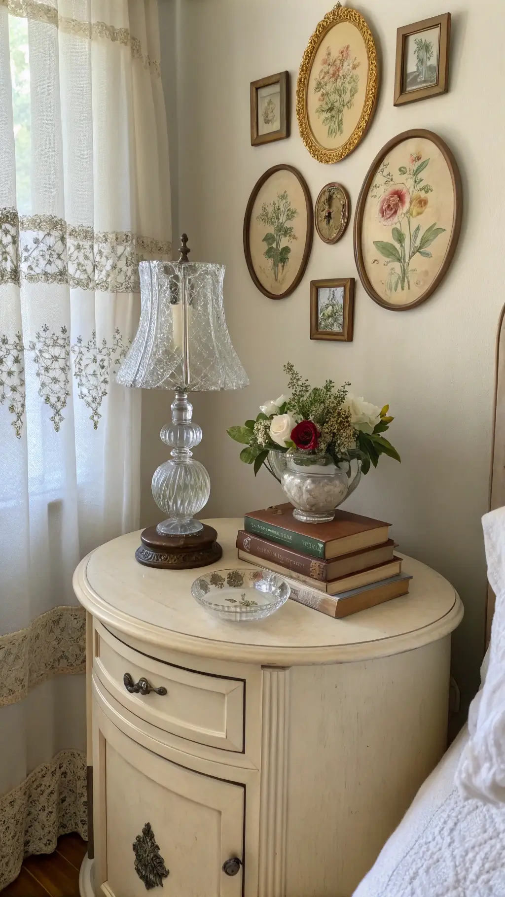 A bedside vignette with a cream nightstand, crystal lamp, vintage books, and flowers, under oval-framed botanical prints.