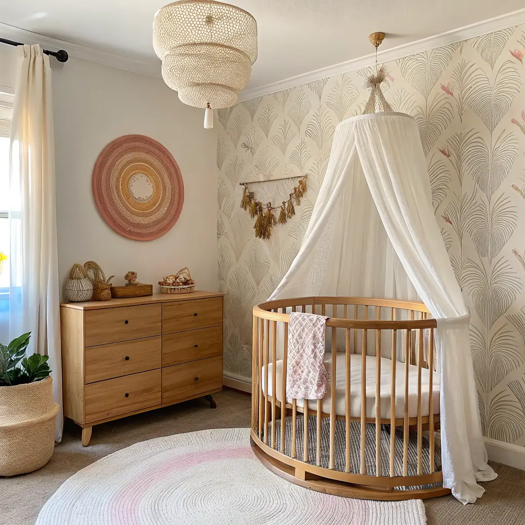 Wide-angle view of nursery with modern oval crib and circular macramé art, gauzy canopy, dream catcher, and textured warm cream wallpaper; dresser with ceramic vases and wooden rainbow stacker.