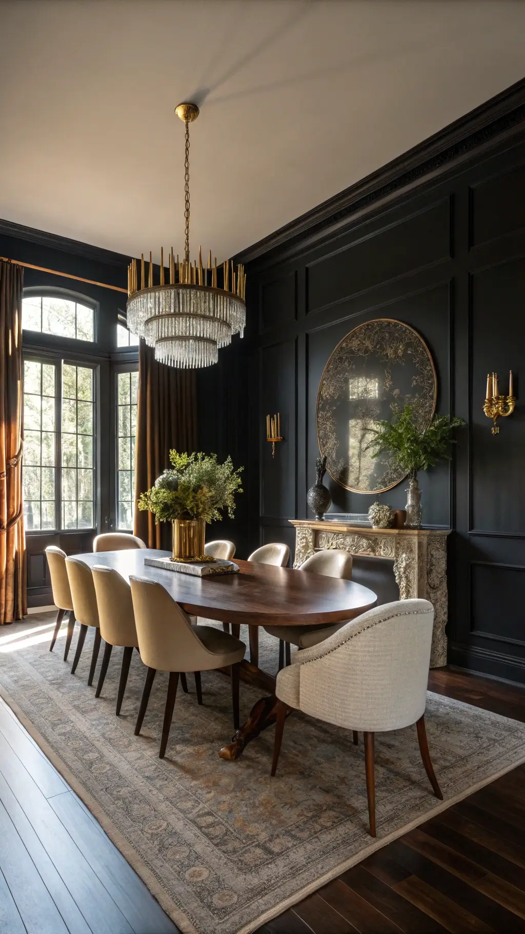 Cinematic wide shot of a 14x16ft dining room with black-painted walls, golden hour sunlight through velvet curtains, oval walnut table with cream bouclé chairs, brass Sputnik chandelier, vintage brass sconces, and an antique mirror.