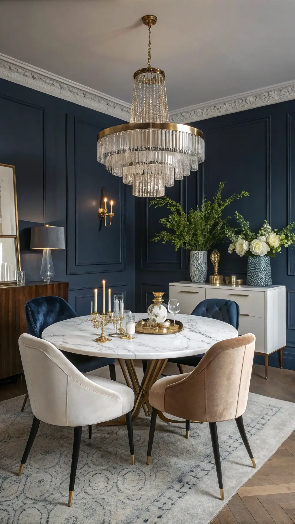 Moody dining space with Hale Navy walls, a crystal chandelier, round marble table, champagne velvet chairs, brass buffet lamps, white sideboard, and candlesticks with white tapers.