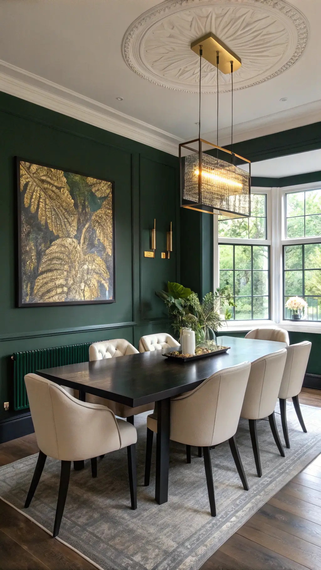 Elevated view of a dramatic forest green dining room with a high-gloss black tray ceiling, featuring a gold-leafed pendant light over a black oak table and ivory leather chairs against dark walls, highlighted by large abstract art in white, gold, and emerald tones.