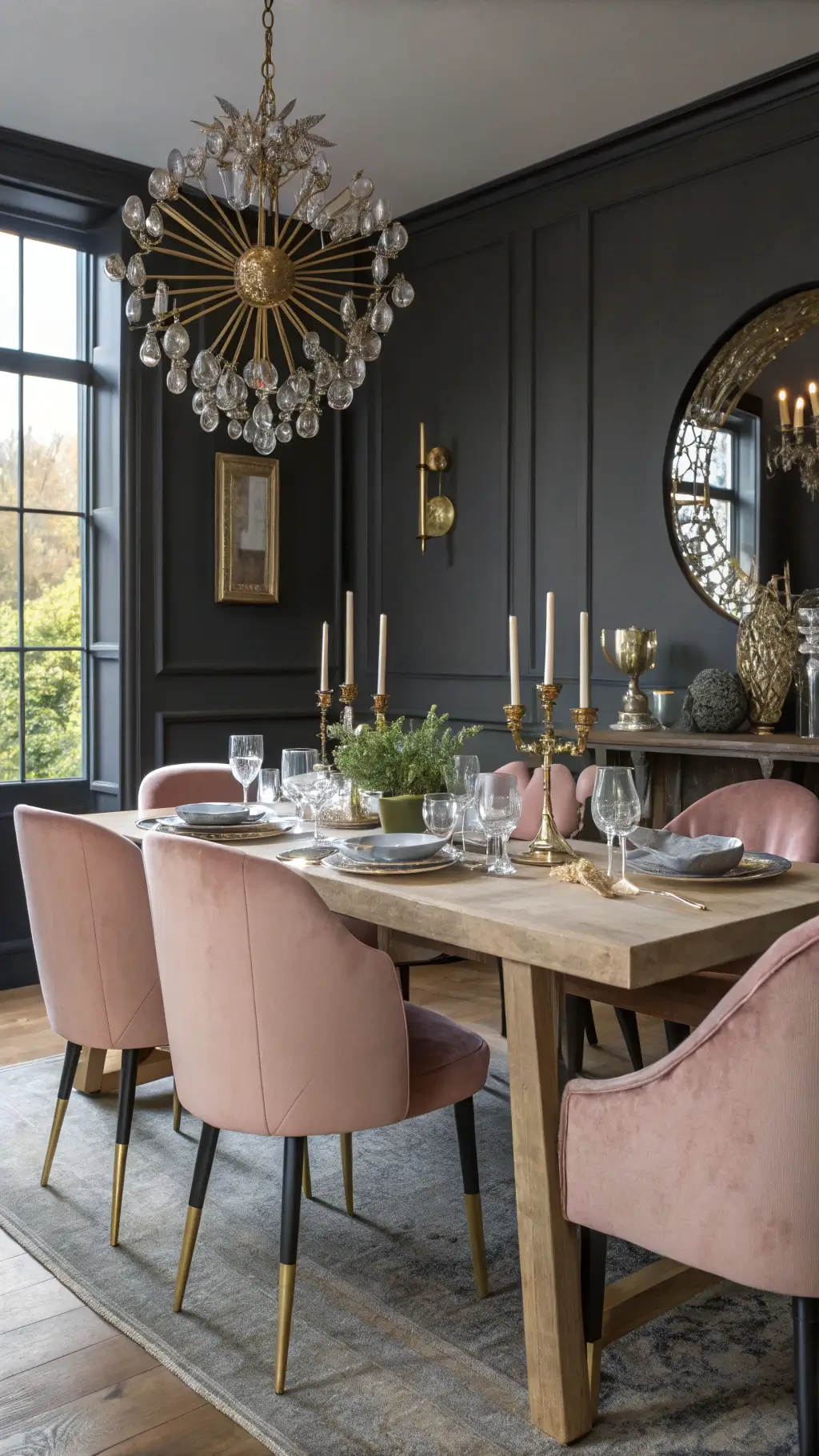 Table setting in a charcoal-walled dining room with mixed metallic pendants above a bleached oak table, blush pink velvet chairs, and an oversized gilded mirror reflecting light. Crystal decanters and brass candlesticks adorn the table. Shot at table height with a shallow depth of field.