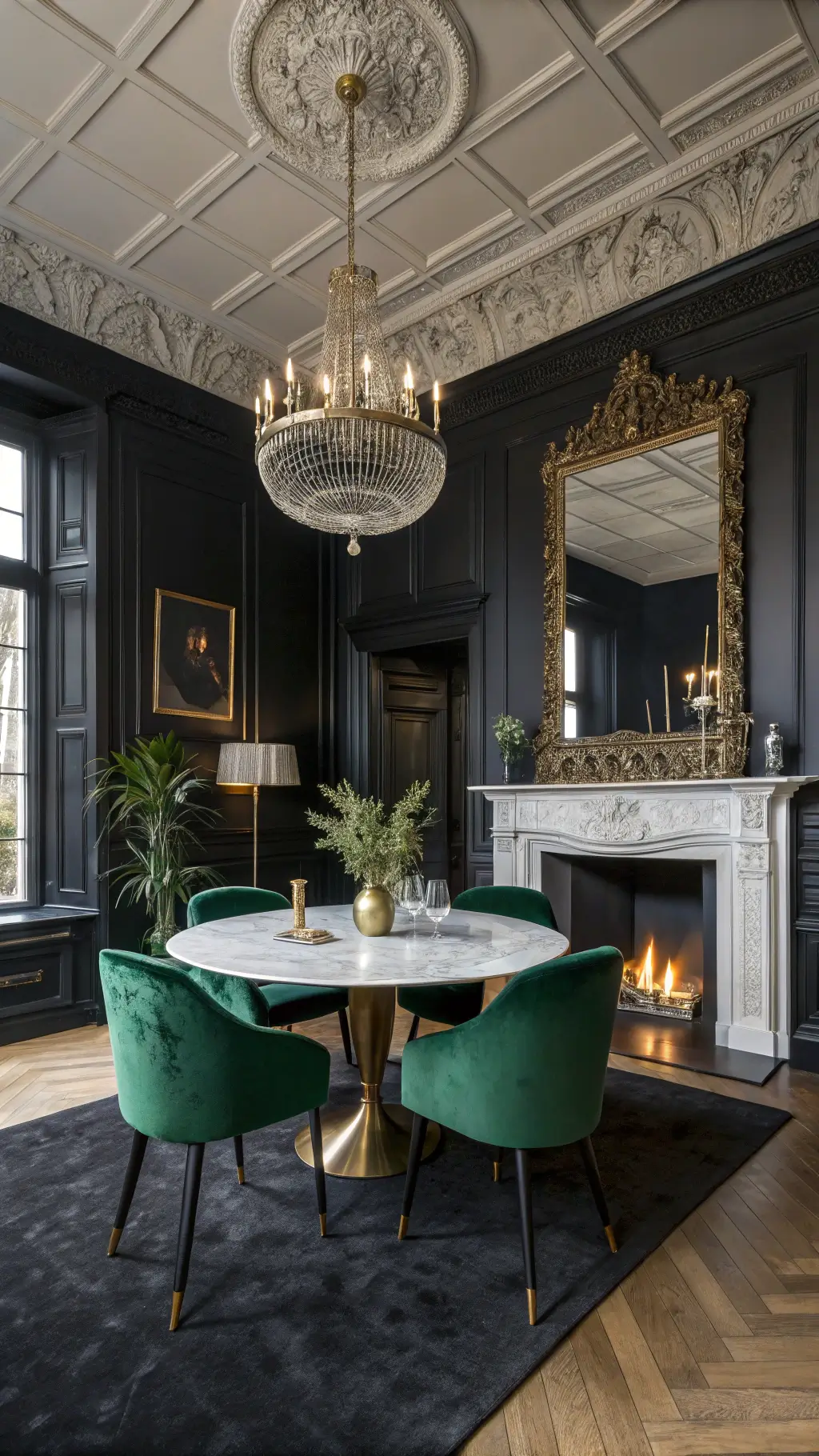 Wide-angle shot of an opulent black dining room featuring a white coffered ceiling, floor-to-ceiling antiqued mirrors, and walls in Farrow & Ball Pitch Black. An Empire crystal chandelier is reflected infinitely. The space includes a round brass dining table surrounded by emerald green velvet chairs. A white marble fireplace is a focal point, enhanced by evening lighting and fire glow.
