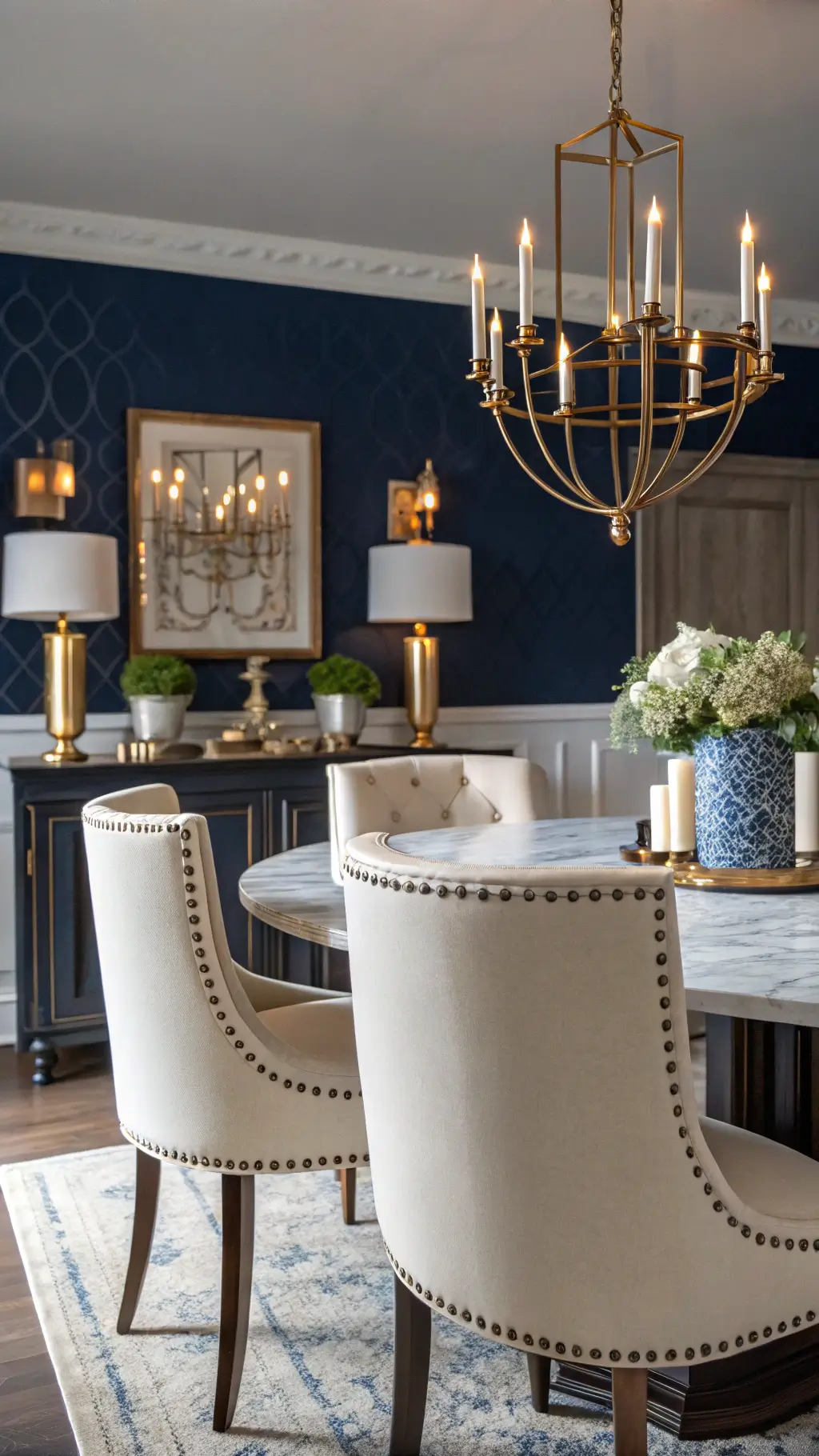Close-up of a navy dining room featuring layered lighting, including a modern chandelier and sconces in aged brass. Cream upholstered chairs contrast against the Benjamin Moore Deep Royal walls, highlighted by candlelight reflecting on metallic grasscloth wallpaper. Marble console table with table lamps in foreground. Background is softly blurred.