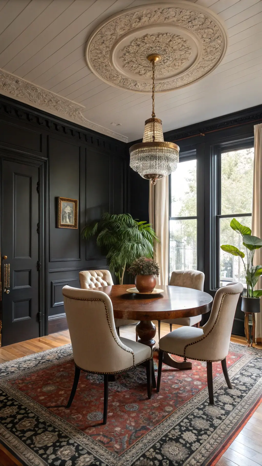 Victorian dining room with black paneled walls, modern satin brass chandelier, oval mahogany table on a Persian rug, tufted cream chairs, and a tall fiddle leaf fig by bay windows.