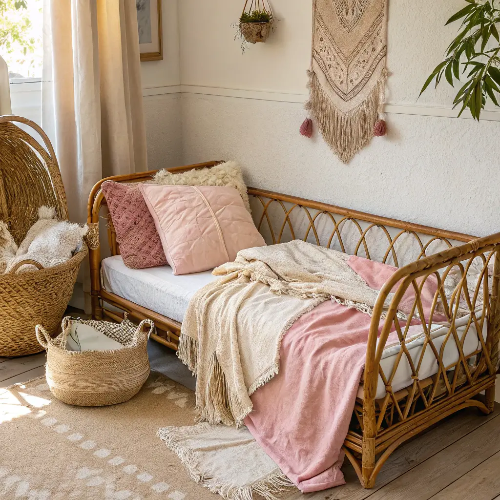 Low-angle shot of a nursery corner featuring a rattan daybed with blush and cream linens, oversized floor cushions in diverse textures, a rattan hanging chair with a sheepskin throw, an ombré woven wall hanging, and a potted monstera, all highlighted by soft afternoon light.