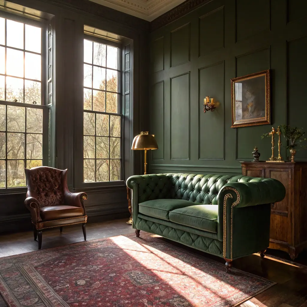 A sunlit living room at golden hour with dark green walls, featuring an emerald velvet Chesterfield sofa, a distressed leather armchair, a carved mahogany side table, an antique brass floor lamp, and a deep burgundy Persian rug.