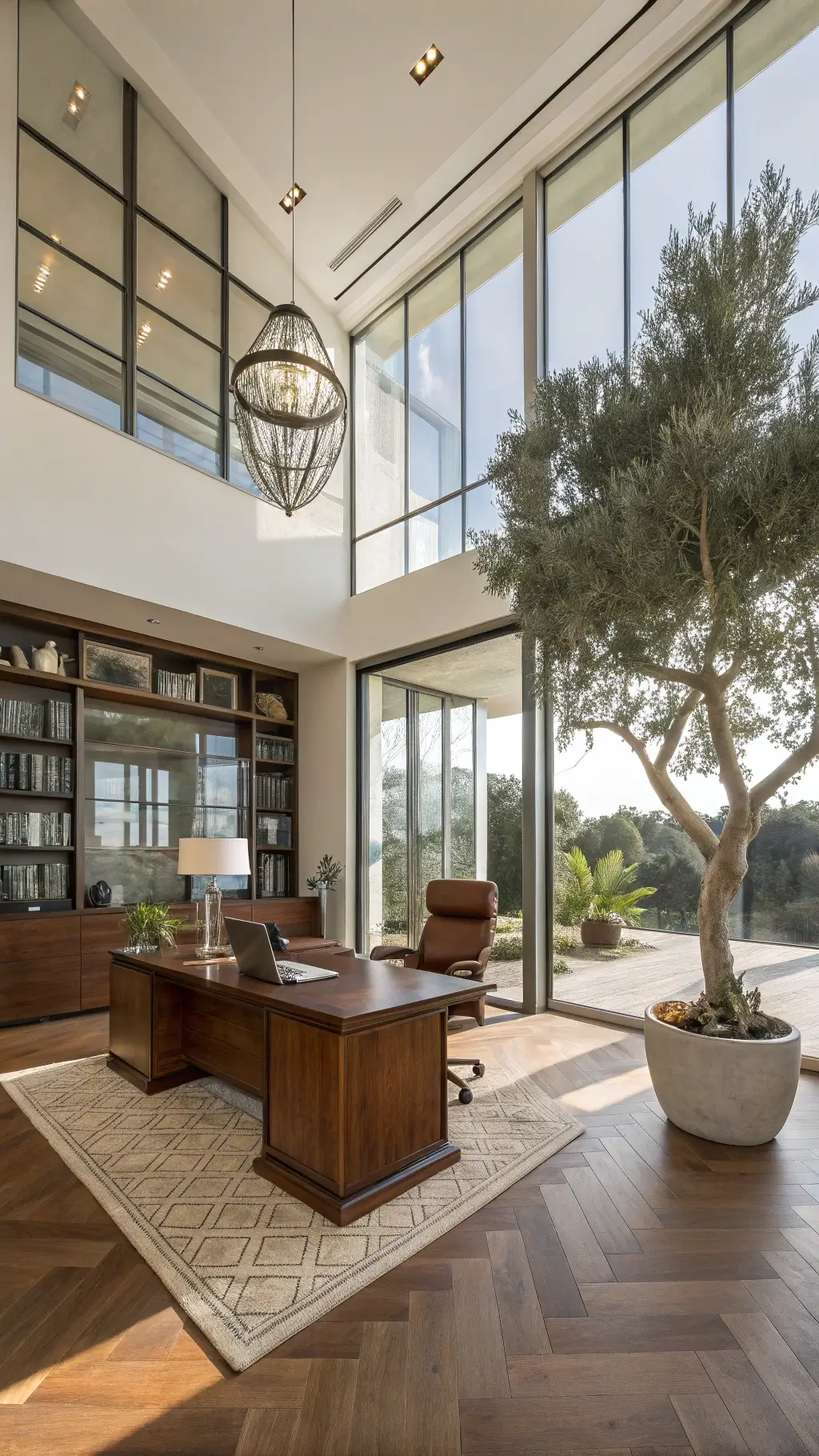 A sunlit executive office with high ceilings and floor-to-ceiling windows, featuring a floating mahogany desk, cognac leather chair, steel and glass shelving, an olive tree, and herringbone wood floors, bathed in afternoon light.
